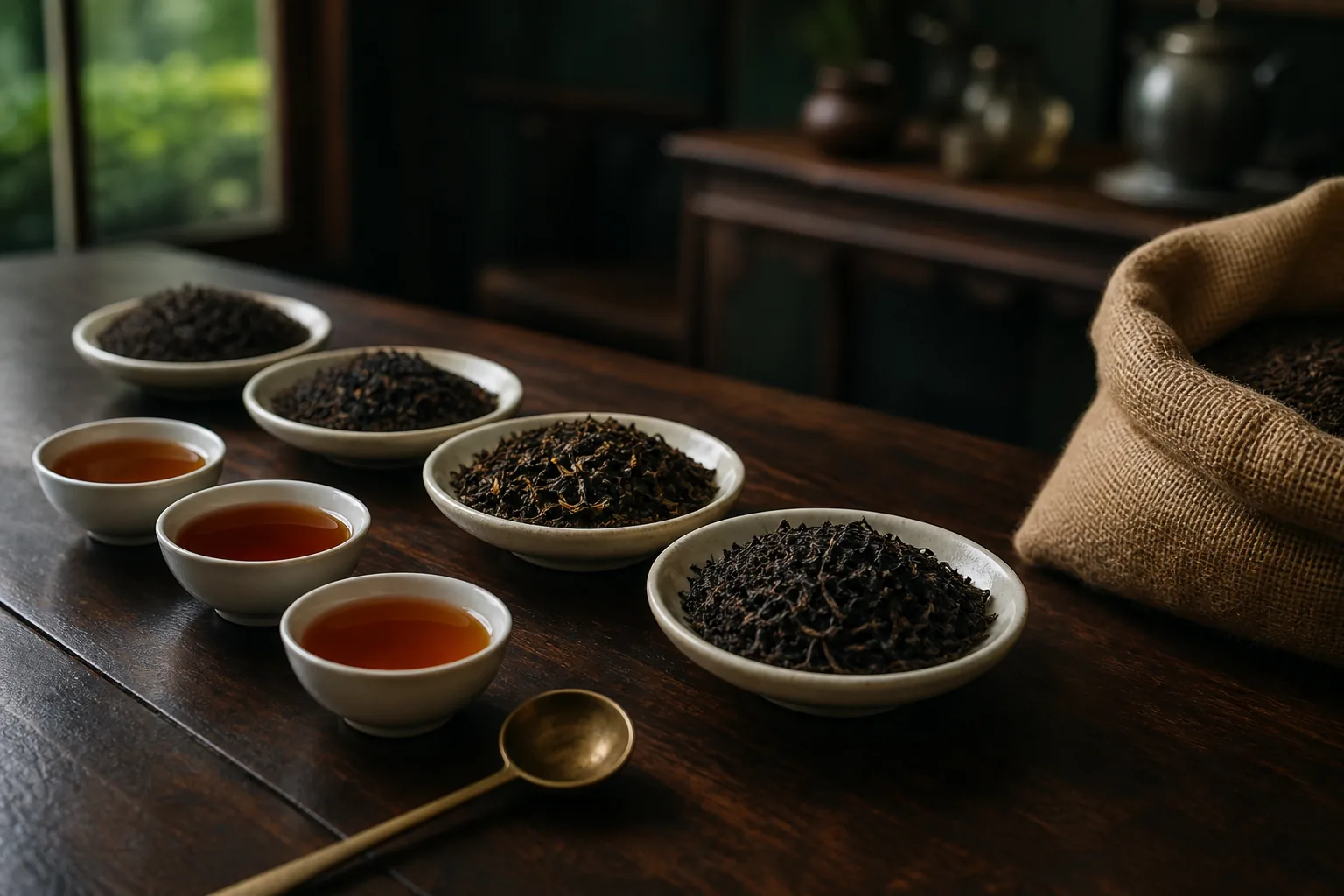 Different loose black tea grades and amber tea infusions arranged for evaluation